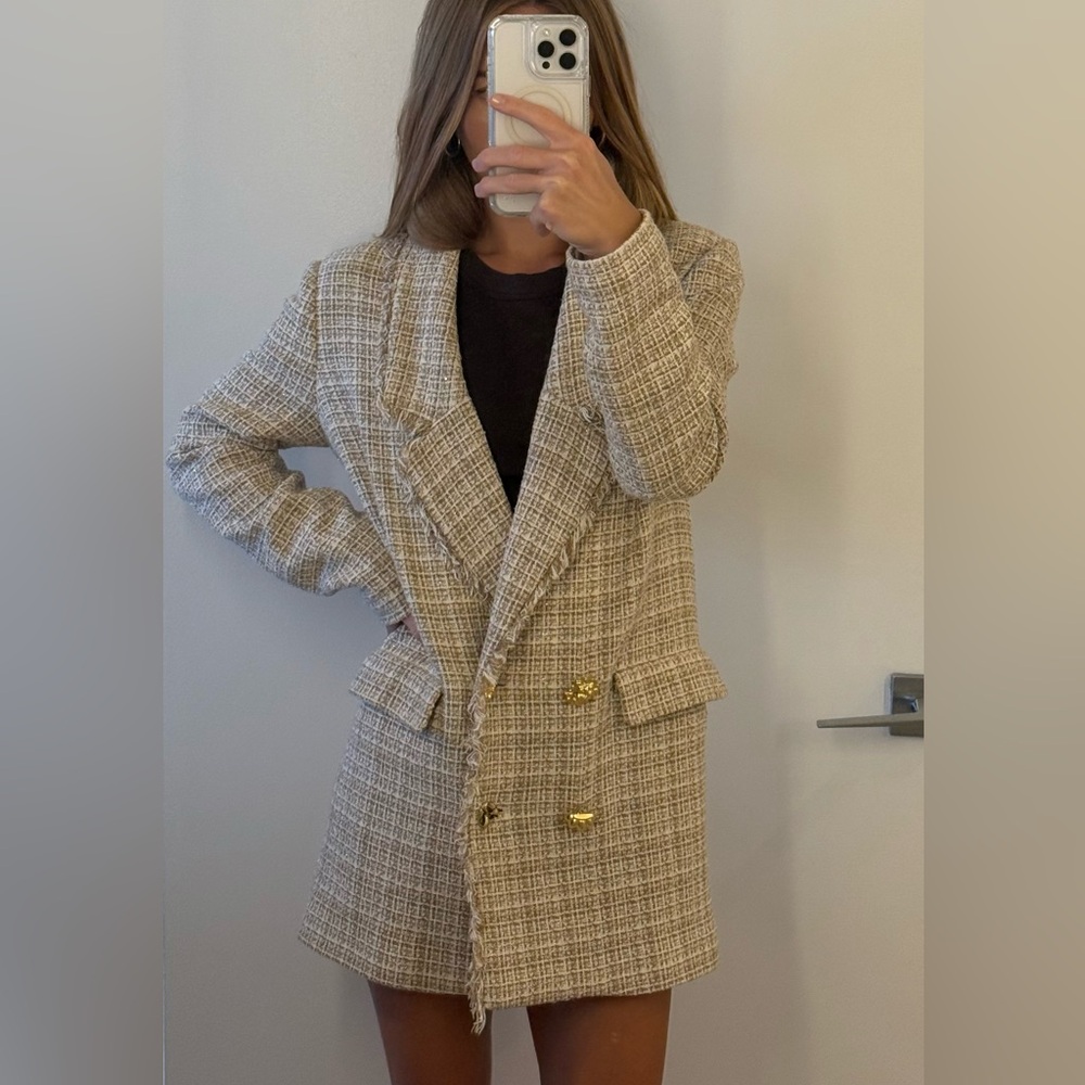 Pinko Beige Tweed Blazer with Gold Buttons
